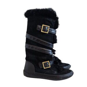 Tory Burch Jaden Rabbit Fur Lined Suede Leather Strappy Calf Moccasin Boots 7.5